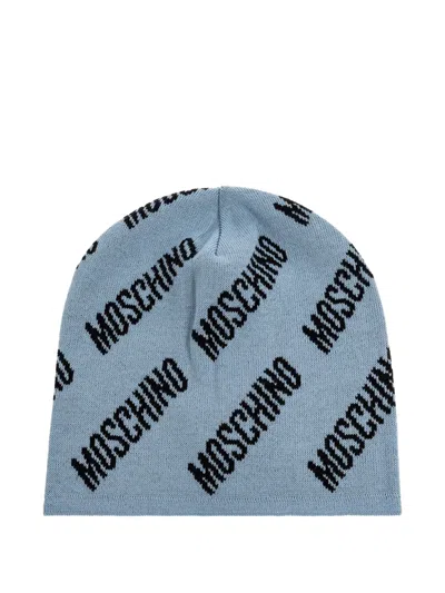 Moschino Logo-pattern Beanie In Blue