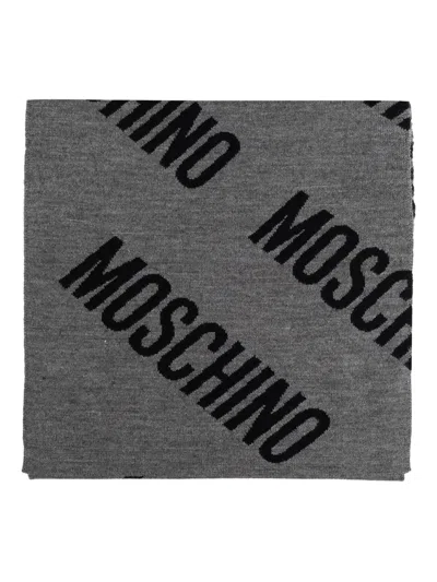 Moschino Logo-pattern Wool Scarf In Gray