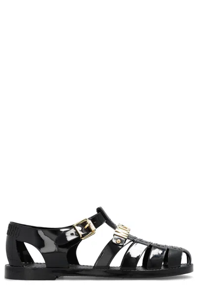 Moschino Logo-plaque Buckle-fastened Jelly Sandals In Black
