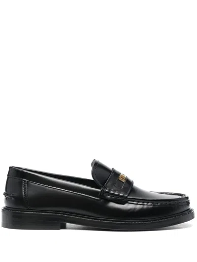 Moschino Polished Leather Mules With Gold-tone Emblem In Black