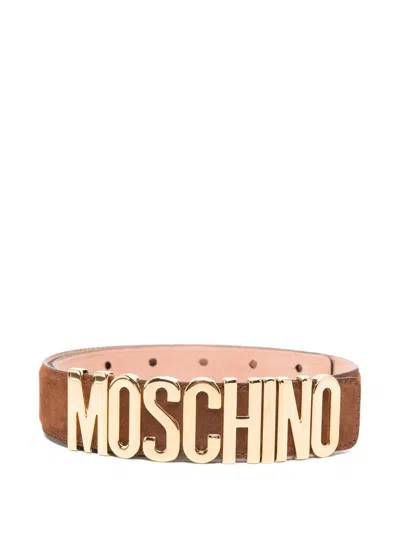 Moschino Logo-plaque Leather Belt In Brown