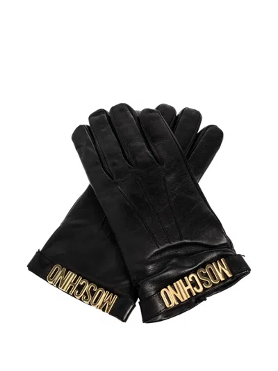 Moschino Logo-plaque Leather Gloves In Black