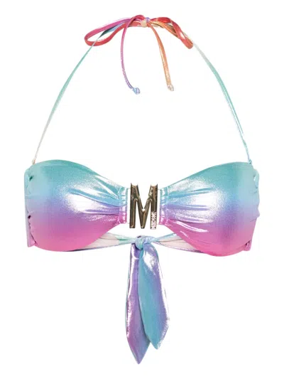 Moschino Logo-plaque Metallic Bikini Top In Blue