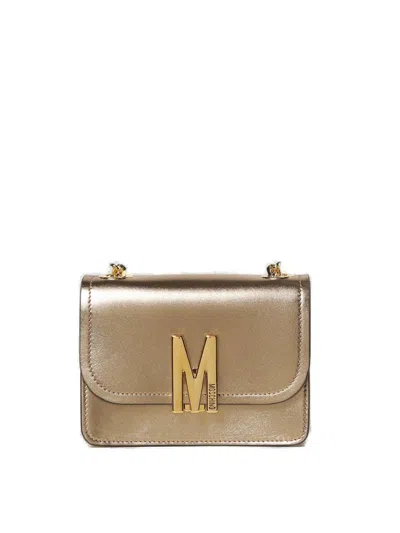 Moschino Logo Plaque Metallic Shoulder Bag In Gold