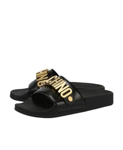 Moschino Logo Plaque Slides In Black