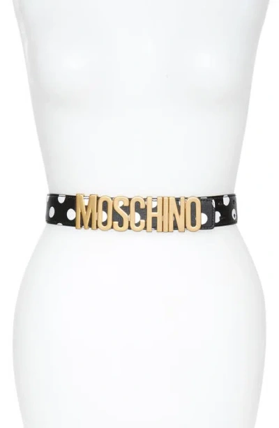 Moschino Logo Plate Polka Dot Saffiano Leather Belt In Black