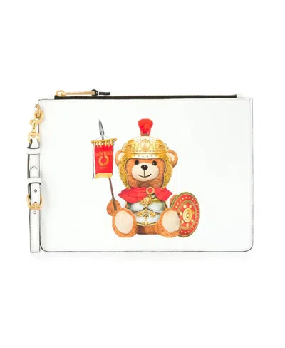 Moschino Logo Print Clutch Bag In White