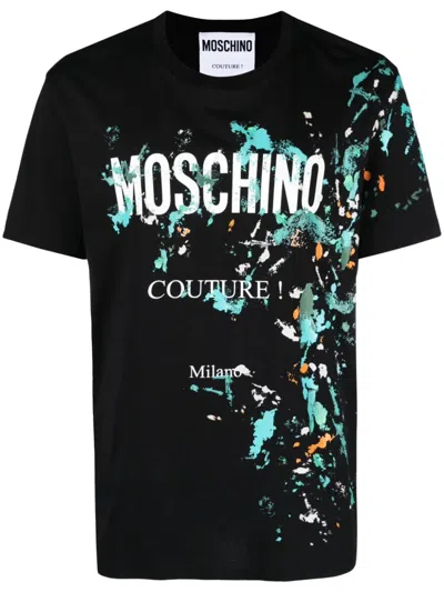 Moschino Logo印花有机棉平纹针织t恤 In Black