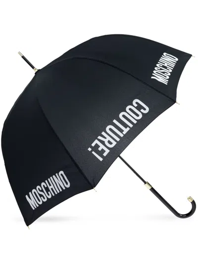 Moschino Logo-print Crook-handle Umbrella In Black