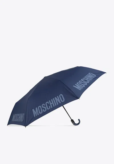 Moschino Logo Print Folding Umbrella In Navy