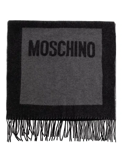 Moschino Logo-print Fringed Scarf In Gray