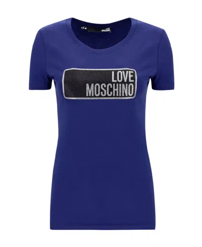 Moschino Logo-print Glittered T-shirt In Blue