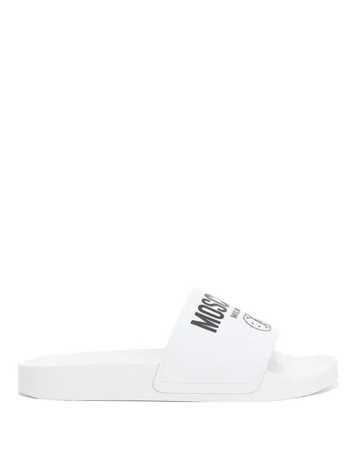 Moschino Logo Print Slides In White