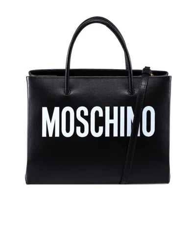 Moschino Logo Print Square Tote In Black