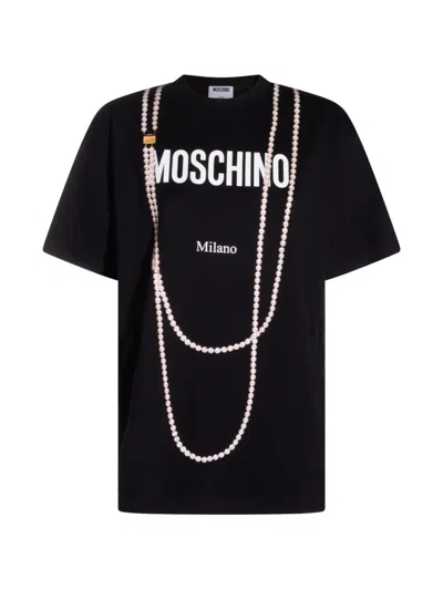 Moschino Crew Neck Graphic T-shirt Pearl Embellishments In Black