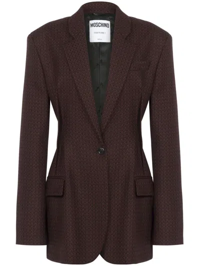 Moschino Logo Print Virgin Wool Blazer In Dark Brown