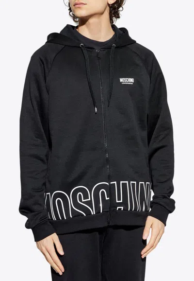 Moschino Logo Print Zip-up Hooded Sweatshirt In Black