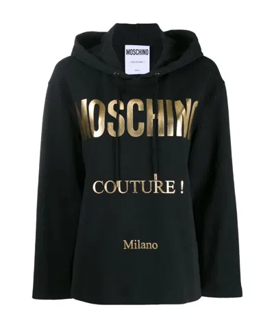 Moschino Logo Printed Hooded Sweater In Black
