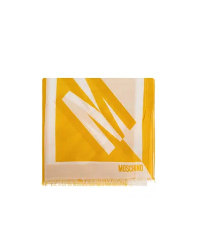 Moschino Logo Printed Raw Edge Scarf In Yellow