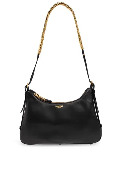 Moschino Logo Printed Zipped Shoulder Bag In Black