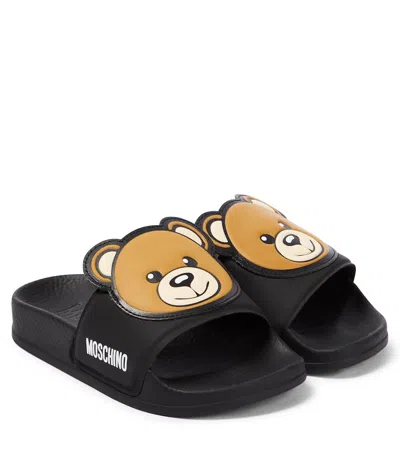 Moschino Kids' Logo Rubber Slides In Black