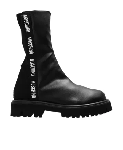 Moschino Logo-tape 40mm Leather Knee-boots In Black