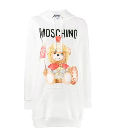 Moschino Logo Teddy Bear Printed Hooded Sweater In White