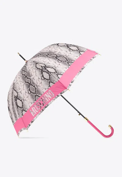 Moschino Logo Trim Snakeskin Print Umbrella In Gray