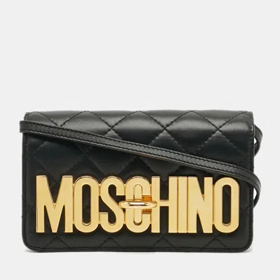 Pre-owned Moschino Logo Turnlock Black Quilted Leather Crossbody Bag