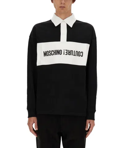 Moschino Logo Upsidedown Long Sleeve Polo Shirt In Black