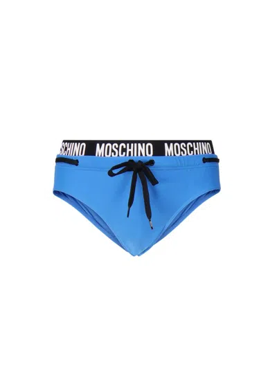 Moschino Logo Waistband Drawstring Swim Briefs In Blue, Black