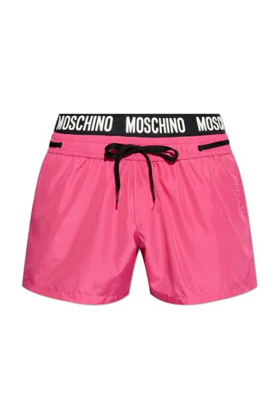 Moschino Logo Waistband Drawstring Swim Shorts In Pink
