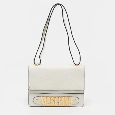Pre-owned Moschino Logo White Leather Flap Shoulder Bag