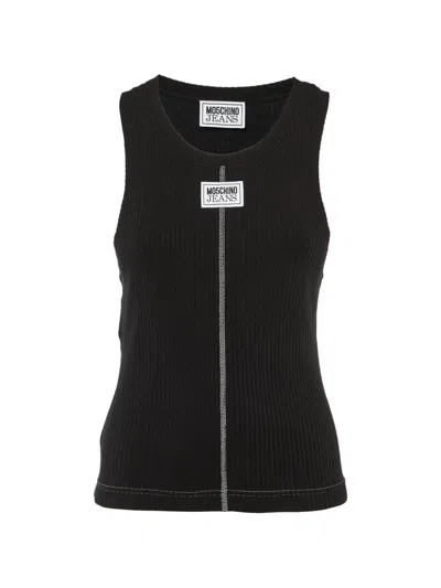 Pre-owned Moschino Logo-applique Rib-knit Tank Top In Black
