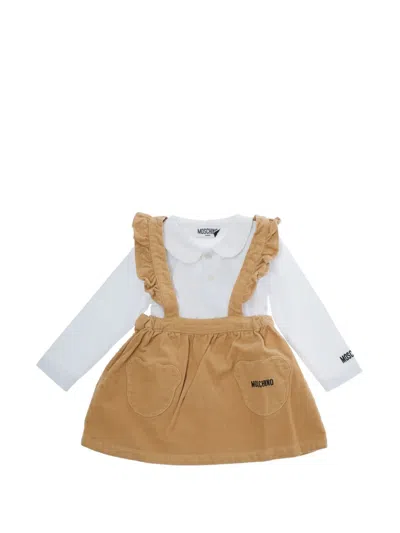 Moschino Kids' Logo-embroidered Corduroy Dress Set In Neutrals
