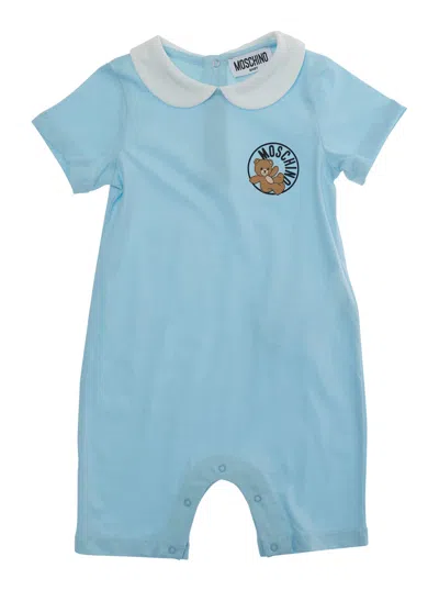 Moschino Logo-embroidered Cotton Romper In Blue