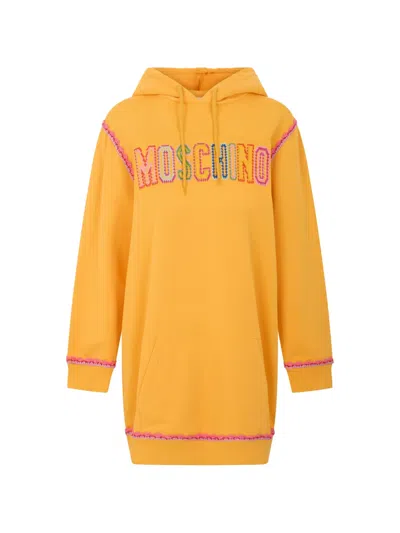 Moschino Logo-embroidered Hooded Mini Dress In Yellow