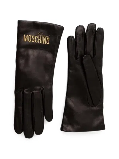 Moschino Logo-embroidered Leather Gloves In Brown