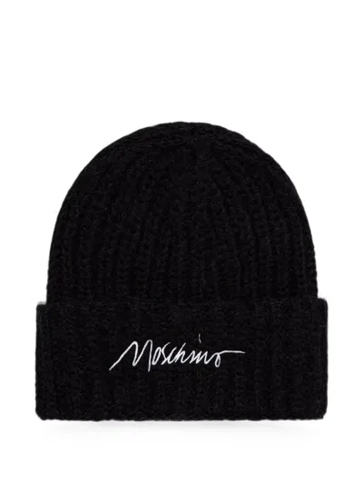 Moschino Logo-embroidered Ribbed Beanie Hat In Black