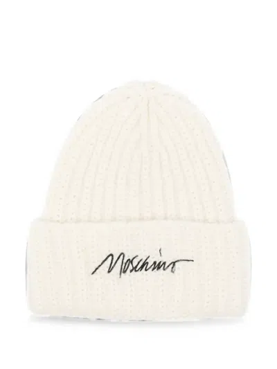 Moschino Logo-embroidered Ribbed Beanie Hat In White