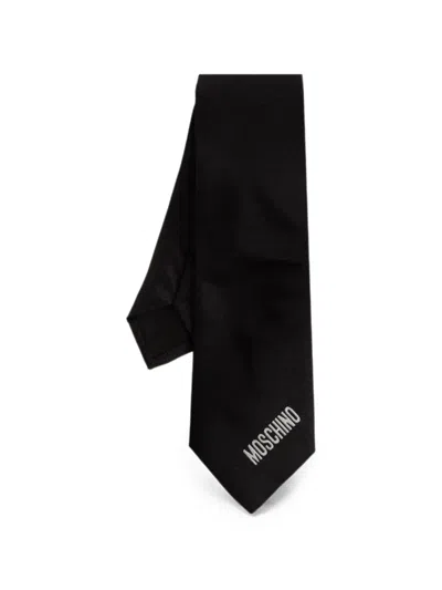 Moschino Logo-embroidered Silk Tie In Black