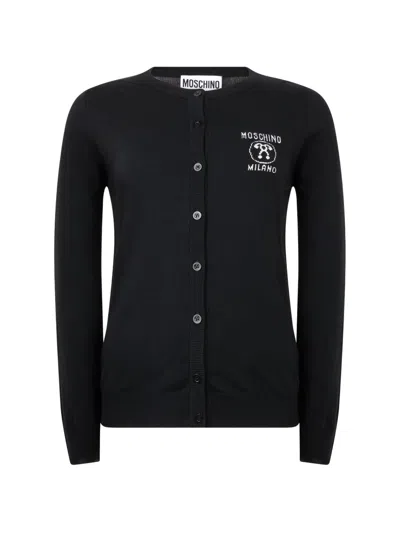 Moschino Logo-embroidered Virgin-wool Cardigan In Brown