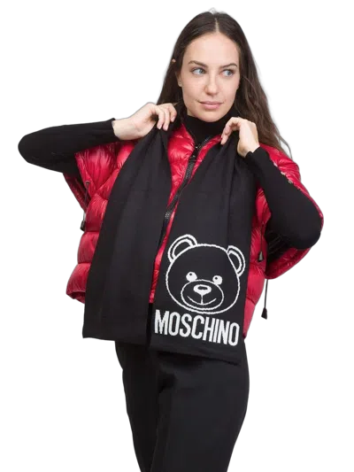 Moschino Logo-embroidered Wool Scarf In Black
