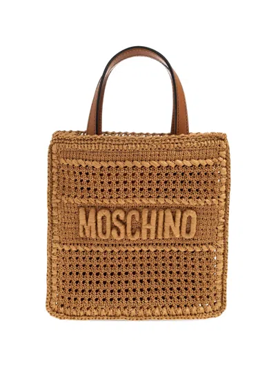 Moschino Logo-embroidered Woven Tote Bag In Brown