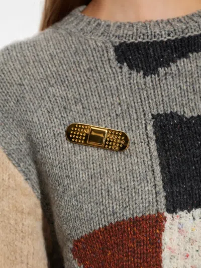 Moschino Logo-engraved Brooch In Gray