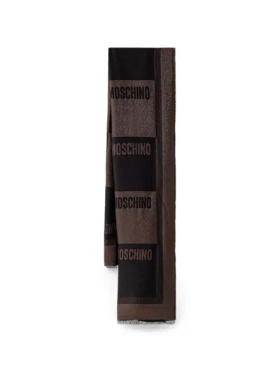 Moschino Logo-intarsia Metallic-effect Scarf In Brown