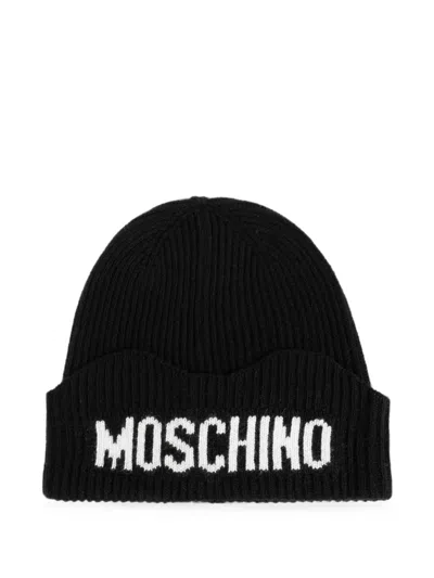 Moschino Logo-intarsia Ribbed Beanie Hat In Black