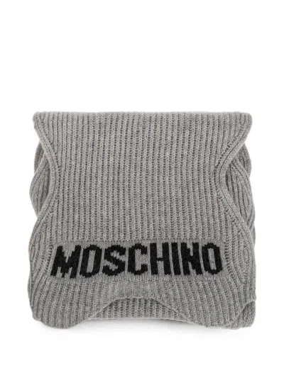 Moschino Logo-intarsia Ribbed Scarf In Gray