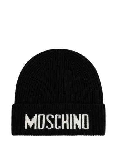 Moschino Logo-intarsia Ribbed-knit Beanie Hat In Black
