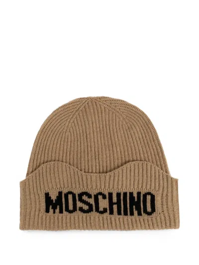 Moschino Logo-intarsia Ribbed-knit Beanie Hat In Brown
